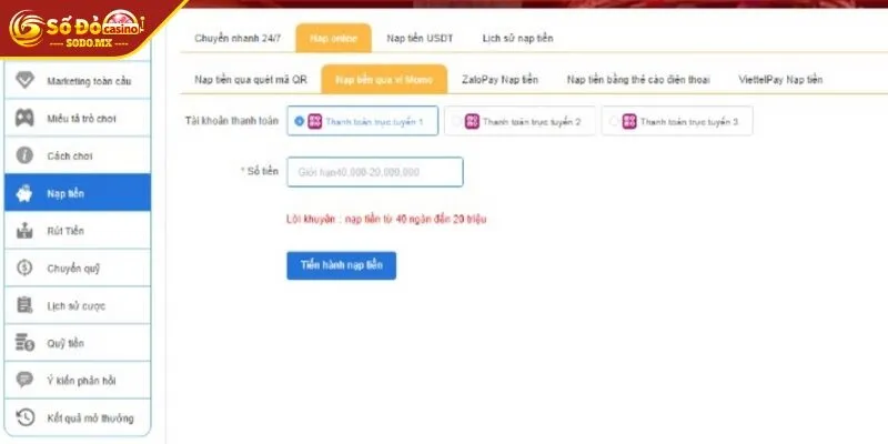 Nhanh chóng gửi tiền vào tài khoản SODO để chơi game